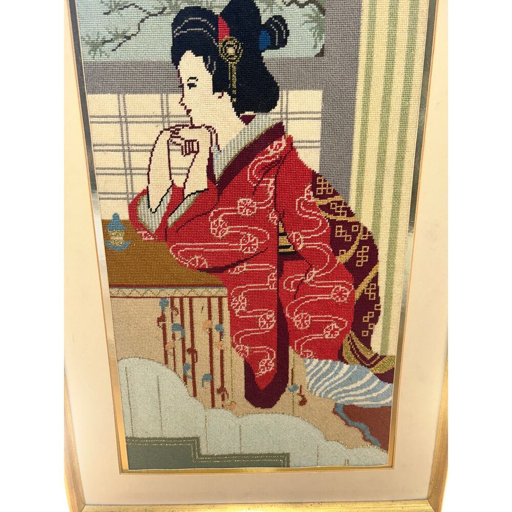 Vintage Handmade needlepoint Geisha Kimono Wool Gold Framed 26x15” - Picture 3 of 6